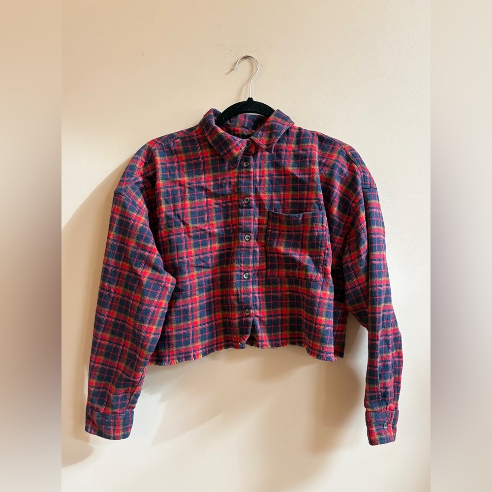 BDG Cropped Plaid Long Sleeve Button Down Cotton Flannel Shirt Top, Crop Top